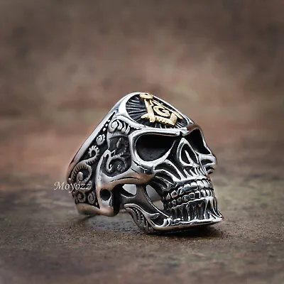£9.59 • Buy Stainless Steel Punk Biker Mens Gold Masonic Skull Ring For Men Size 7-15 Gift