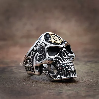 Stainless Steel Punk Biker Mens Gold Masonic Skull Ring For Men Size 7-15 Gift • £10.79