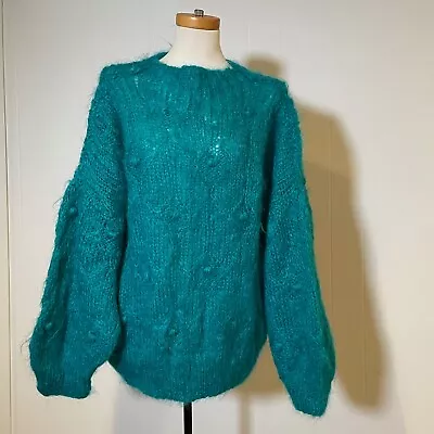 Vintage 80s Open Weave Oversize Handmade Loose Knit Mohair Handknit Blue • $44