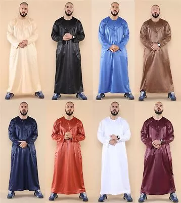 Mens Thobe Jubba Islamic Clothing Muslim Kaftan Emirati Omani Robe Satin Shiny • £34.99