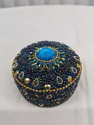 Vintage Beaded Trinket Box Peacock Feather Design Blue And Metal Tin 3  Diameter • $5
