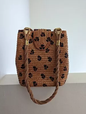Vintage Raffia Shoulder Bag In Leopard Pattern And Front Flap • $48