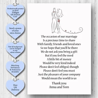 10 Personalised Wedding Honeymoon Gift Money Poem Cards Honeymoon Wish Inserts • £2.50