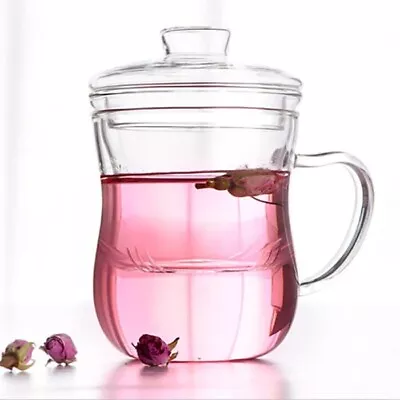 Clear Glass Tea Mug Cup Glass Tea Infuser Glass Lid 12 Oz Teacup With Lid • $18.95