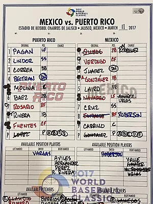 MLB Authenticated - 2017 WBC Mexico Vs Puerto Rico Lineup Card - Mexico’s Dugout • $299.99