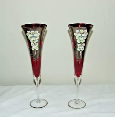 Tre Fuochi Murano Rudy Champagne Fluted Hand Painted Venetian Italy Silver Glass • $42.95