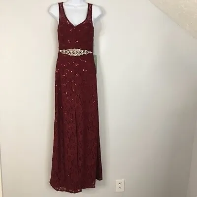 Womens LACE Formal Gown NWT Sz 2 Juniors 3 Burgundy Red Prom Dress Maxi CUT-OUT • £26.53