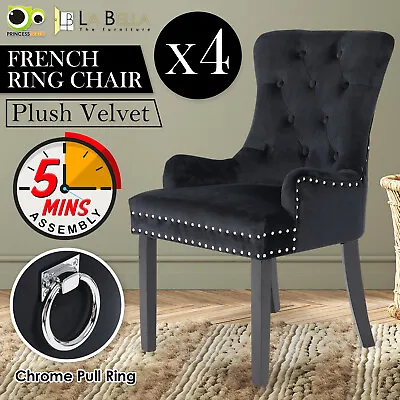 $579 • Buy 4X Dining Chair French Provincial Ring Studded Velvet Rubberwood LISSE - BLACK