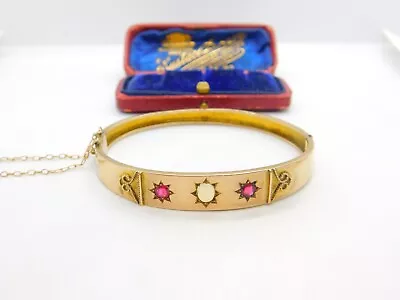 Victorian 9ct Rose Gold Opal & Garnet Set Bangle Bracelet Antique C1880 • £495