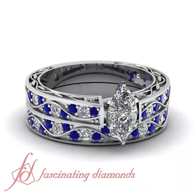 1.5 Ctw Marquise Cut Diamond Vintage Wedding Set With Round And Sapphire Accents • $5513.99