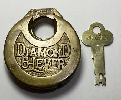 Rare Diamond Cast Brass 6 Lever Pad Lock W Push Key S.b.co Pre Pat. 1885 L@@k! • $63