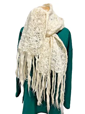 Large Cream Lace Knit Rectangular Scarf With Tassel Edge • £25