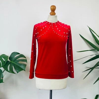 £15 • Buy Red Stretchy Velour Pearl Beaded Trashy Long Sleeve Top 8 10 Halloween