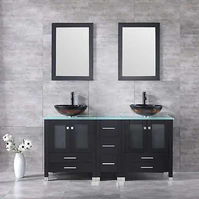 60  Double Bathroom Vanity Cabinet Glass Vessel Sink Bowl W/Faucet Combo &Mirror • $949.99