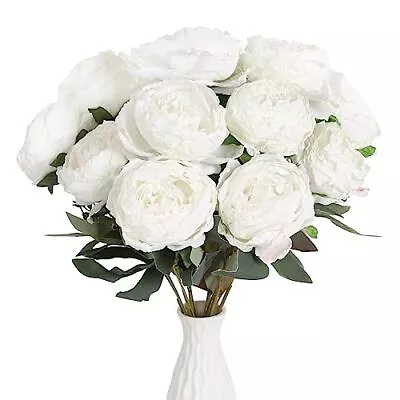 Vintage White Peonies Artificial Flowers Bouquets 14 Heads Big Fake Peonies S... • $31.42