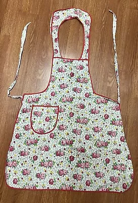 VTG 1950’s Style Full Bib Apron Pink Red Roses Pocket Handmade MCM Retro • $12.99