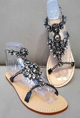 MYSTIQUE Size 9 Rhinestone CRYSTAL Ankle Strap Black LEATHER Flat Sandals NEW • $225