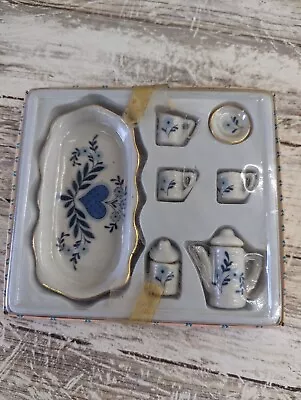 Vintage Miniature Tea Set 7 Piece  Decor Blue Flower HeartTea Cups Free Returns  • $15.08