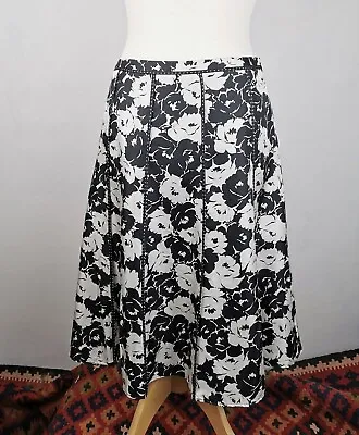 LAURA ASHLEY UK 12 Women's Skirt Black & White 100% Silk Floral Panelled Lined • £12.99