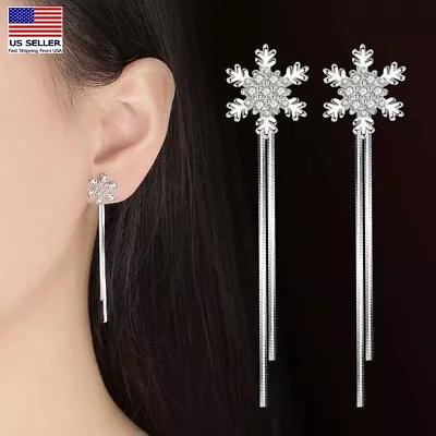 $7.99 • Buy Women 925 Sterling Silver Jewelry Crystal Earrings Snowflake Tassel Stud 1266