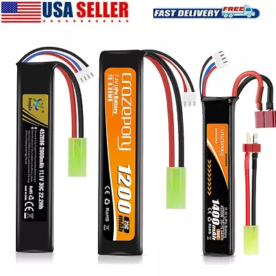 11.1V Airsoft Battery LiPo 2000mAh Rechargeable Hobby W/ Mini Tamiya Connector  • $18.99