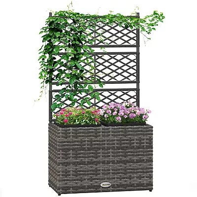 Outsunny Garden PE Rattan Planter Box W/ Trellis Flower Raised Bed 57x30x107cm • £55.99