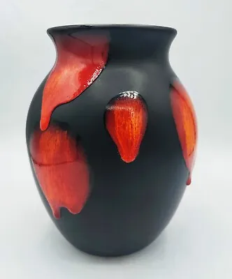 Vintage Vase POOLE POTTERY ENGLAND Galaxy Lava Matte Black W/ Orange Drip Glaze • $54