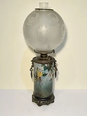 Antique AESTHETIC ART POTTERY & Bronze1890’s Victorian Painted Kerosene Oil Lamp • $599.99