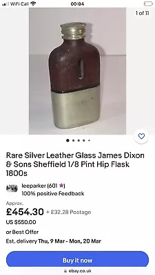 £60 • Buy Antique 1800  Rare James Dixon And Sons Silver & Leather Hip Flask 1/8 Sheffield