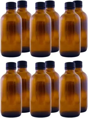 4 Oz Amber Glass Boston Round Bottles With Black Ribbed Cap - 12 Pack • $19.99