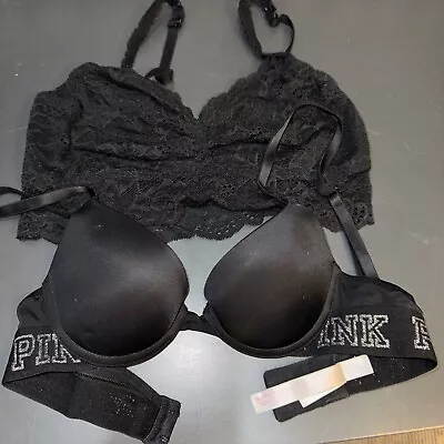 Victoria’s Secret PINK Size 32AA  Push Up Bras Black Lace Floral Medium Lot Of 2 • $18