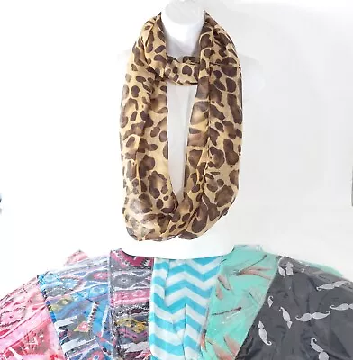 Infinity Scarf Neck Cowl Lot Of 7 Dragonfly Leopard Aztec Mustache Print 36 X24  • $24.78