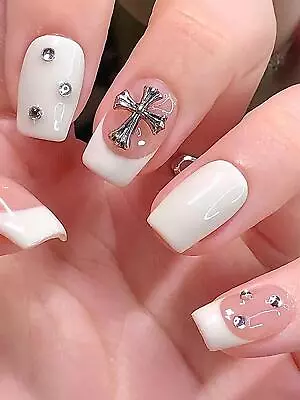 24pcs Short Square Rhinestone Cross Decor Fake Nail Set Press On Nails False • $6.32