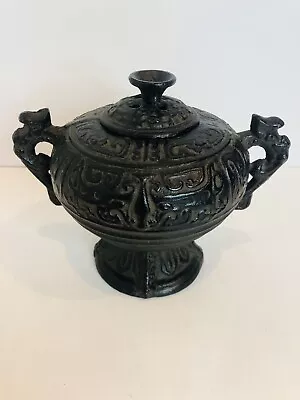 Vintage Metal Cast Iron Incense Burner Pot  With Handles And Lid  5 3/4  Tall • $24.95