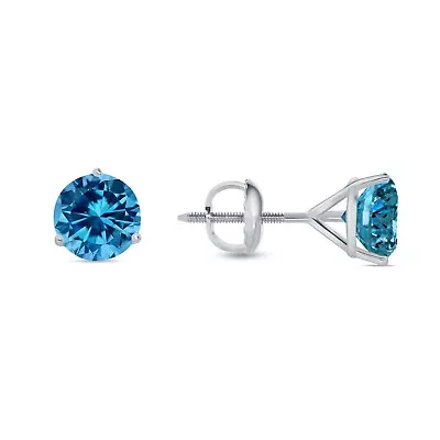 3 Ct Round Cut Blue Earrings Studs Solid Real 14K White Gold Screw Back Martini • $259.96