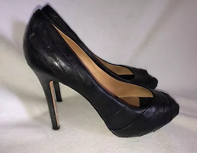 $325 L.A.M.B By GWEN STEFANI TANSY PEEP TOE BLACK LEATHER PUMPS HEELS SZ 9 M • $49.99