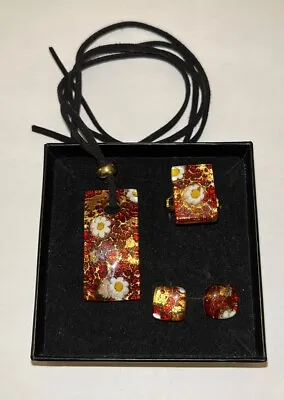 Vintage Red & Gold Floral Murano Glass Necklace Ring & Earring Jewellery Sets • £10