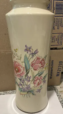Vintage Vase Gold Rim Soft Floral White Background 11” Tall • $7