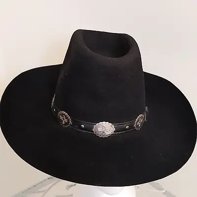 Vtg Lanning Gambler Style Cowboy Hat Sz M Black W Silver Eagle Band Dynafelt • $32.04