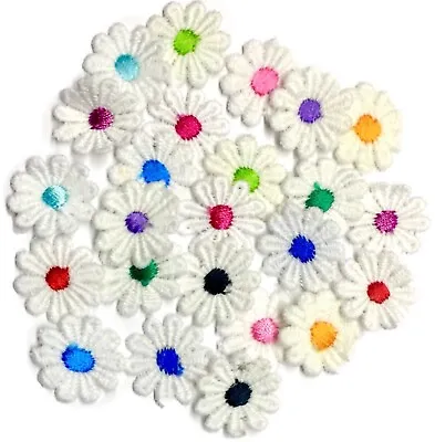 24x White Daisy Flower Coloured Center Embroidered 25mm Giupure Sew On Applique • £2.99