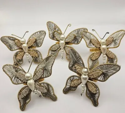£10.59 • Buy Lot Of 5 Napkin Rings 3  Butterfly Gold Tone Silver String Faux Pear Beaded 