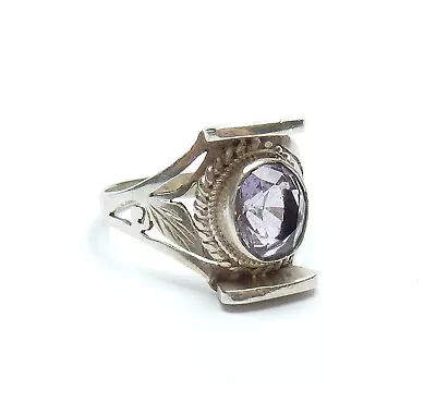 Vintage Silver Amethyst Solitaire Ring Leaf Shoulders Sterling 4.4g • $31.08