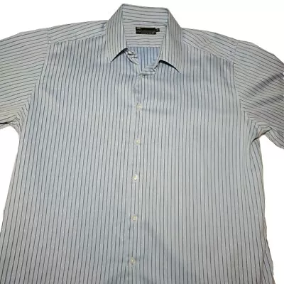 M&S Ultimate Shirt Size 17 43 Mens Blue Long Sleeve Striped Pure Cotton Collared • £19.98