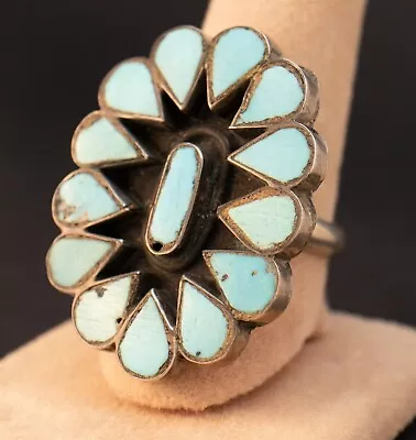 Size 7 Vintage Zuni Dishta Turquoise Channel Inlay Sterling Silver Ring • $20