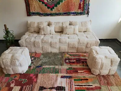 Moroccan Handmade Floor Couch - Unstuffed Wool White Sofa Covers + Pillow Cases • $678.30