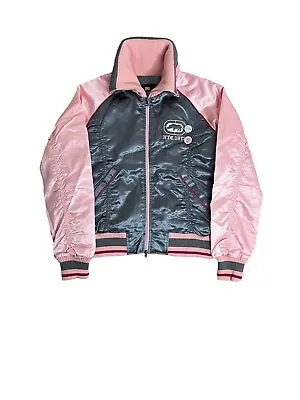 Ecko Red Womens Vintage Y2K Pink Gray Knit Satin Bomber Jacket Size Large • $64.99