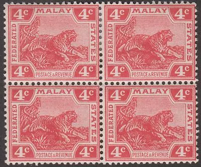Federated Malay States 1919 KEVII Tiger 4c Scarlet Die II Block Of 4 Mint SG38 • $1.87