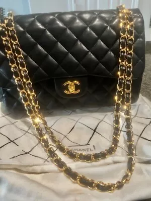 100% Authentic VINTAGE CHANEL Jumbo Classic Double Flap Lambskin Black Handbag • $4900