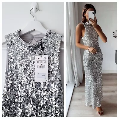 Zara NEW Silver Sequin Embellished Occasion Prom Maxi Midi Dress Medium 10 12 BN • £59.99