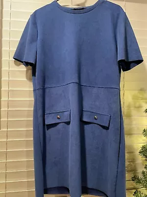 Zara Faux Suede Mini Short Sleeve Dress Blue Womens Large L • $17.99